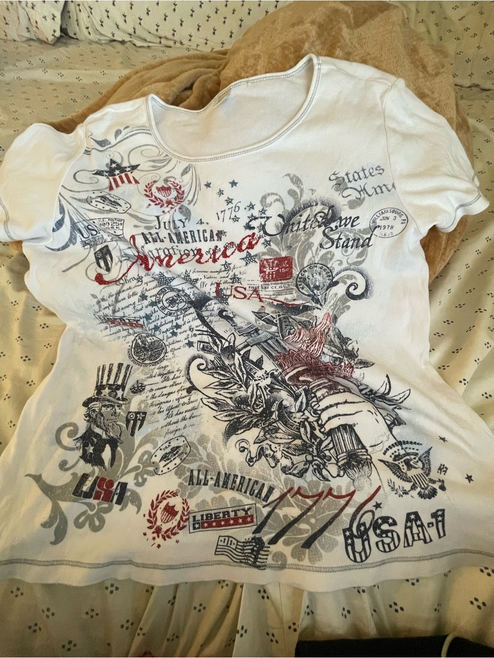 White Women’s Short-Sleeve Graphic Tee with Patriotic Red & Navy Artwork